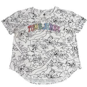 Tom and Jerry Girls T Shirt Short Sleeve Black White with Rainbow Lettering XL